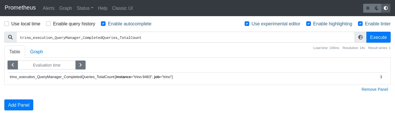 Total de métricas finalizadas do Trino na interface do Prometheus